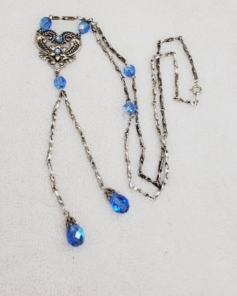 Vintage Silver Tone dangling blue crystal Heart pendant with 26″ necklace te02