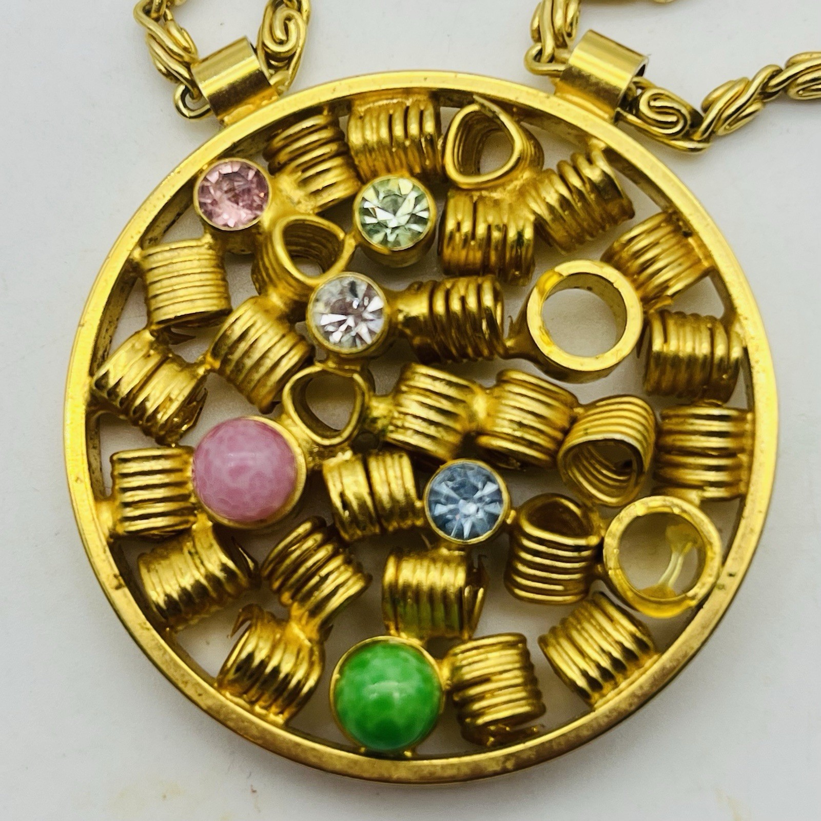 Modernist Necklace Gold Tone Coiled Tube Pendant Triple Strand 30″