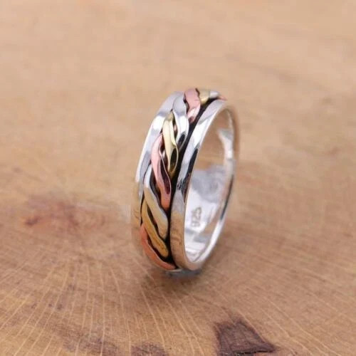 925 Sterling Silver + Brass + Copper, Solid Silver, Band Ring, Unisex