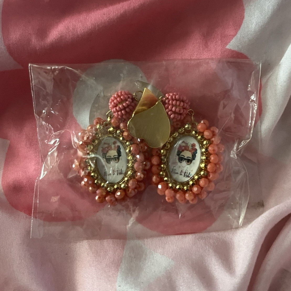 Pink Beaded Dangle Drop Hook Earrings Glass Metal Art Portrait Design