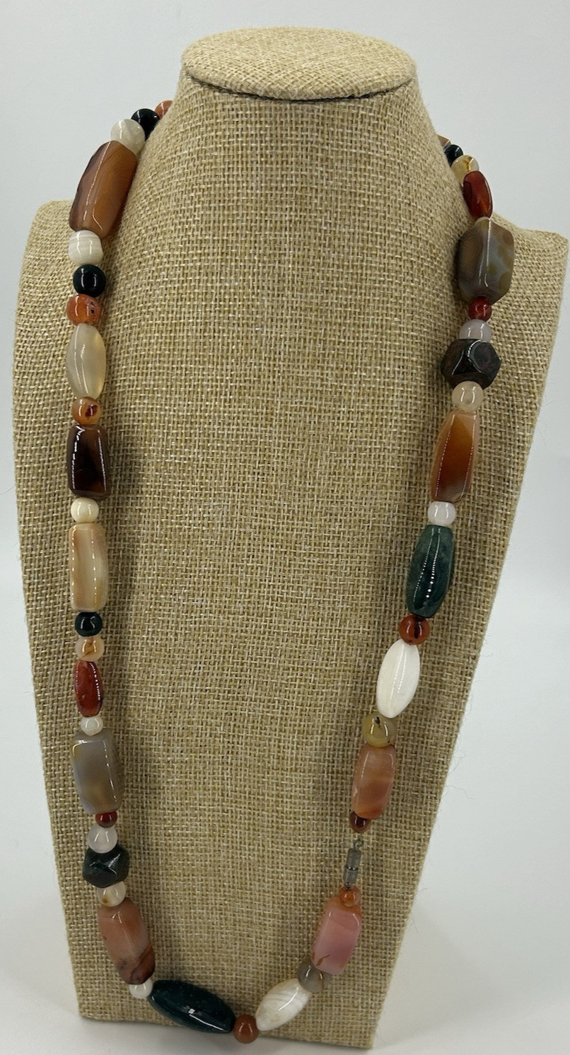 Natural Polished Stone Strand Necklace Womens Heavy 27 Inch Crystal Agate Jasper