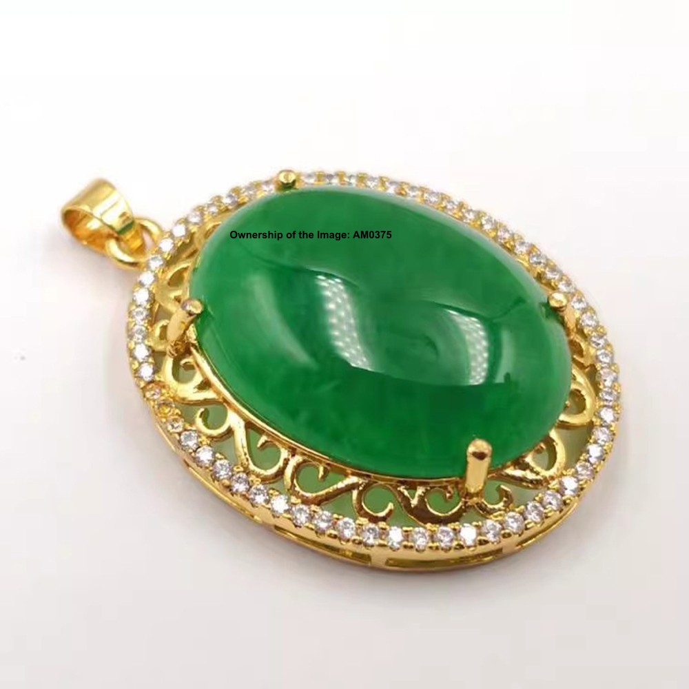 New Yellow Alloy Heating Jade Pendant Zircon and Green Oval Jade Pendant 37mm H