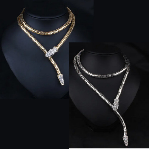 Snake Necklace Rhinestone Wrap Mesh Choker Silver Gold Serpent Hair Body Chain