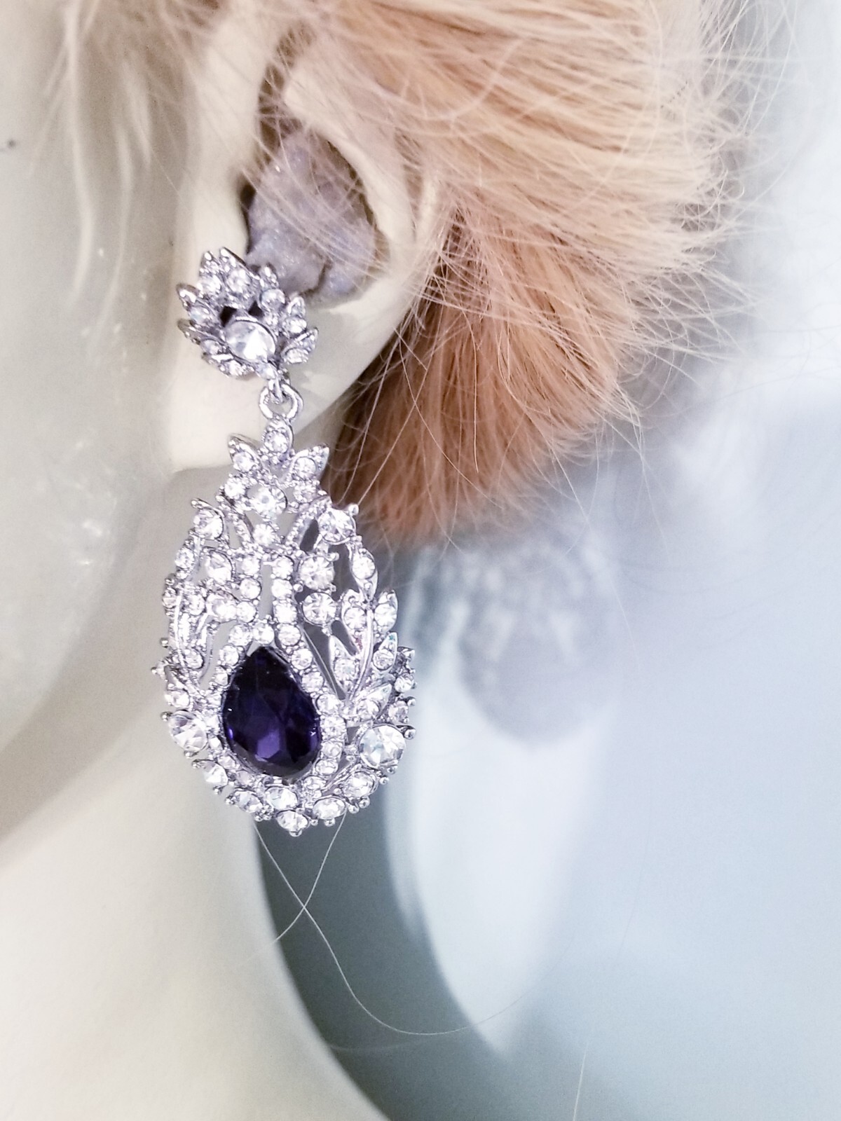 Chandelier Rhinestone Crystal Pageant Bridal Earrings Purple Drop Dangle 2.5 In