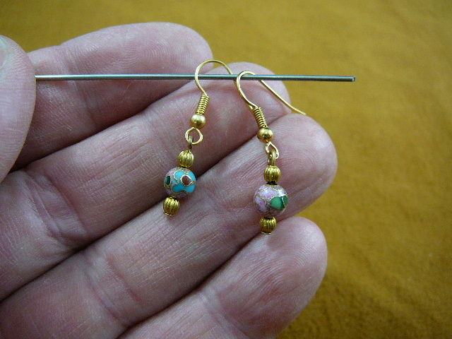 (ee610-50) Mauve pink blue flower CLOISONNE one bead dangle EARRINGS Jewelry