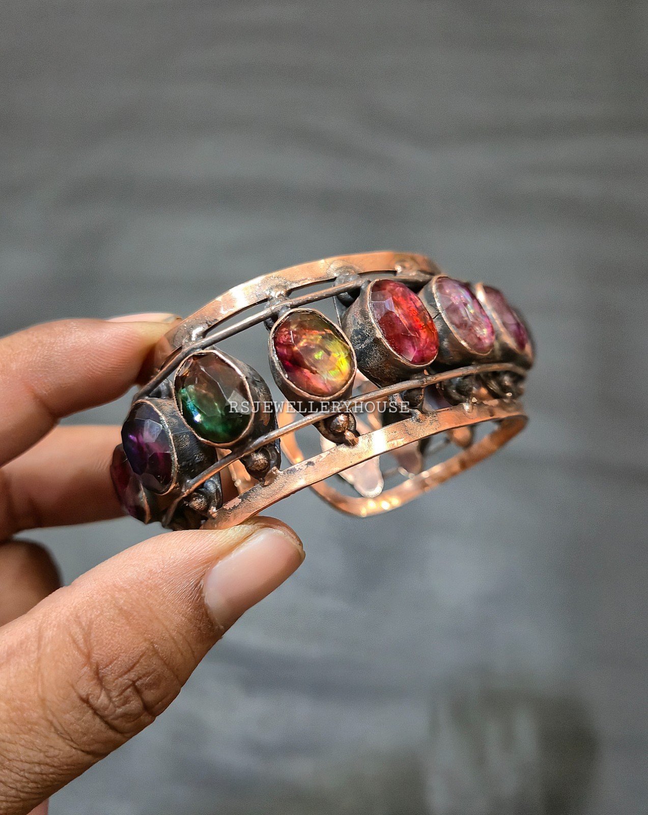 Copper Wire Wrapped Faceted Ammolite Gemstone Cuff Bangle Handmade Jewel Bangle