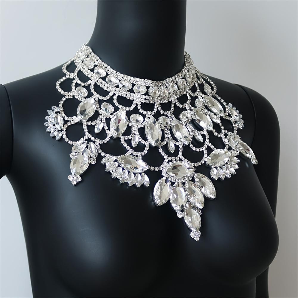 Luxury Bling Rhinestone Choker Necklace Large Hollow Collar Women Party