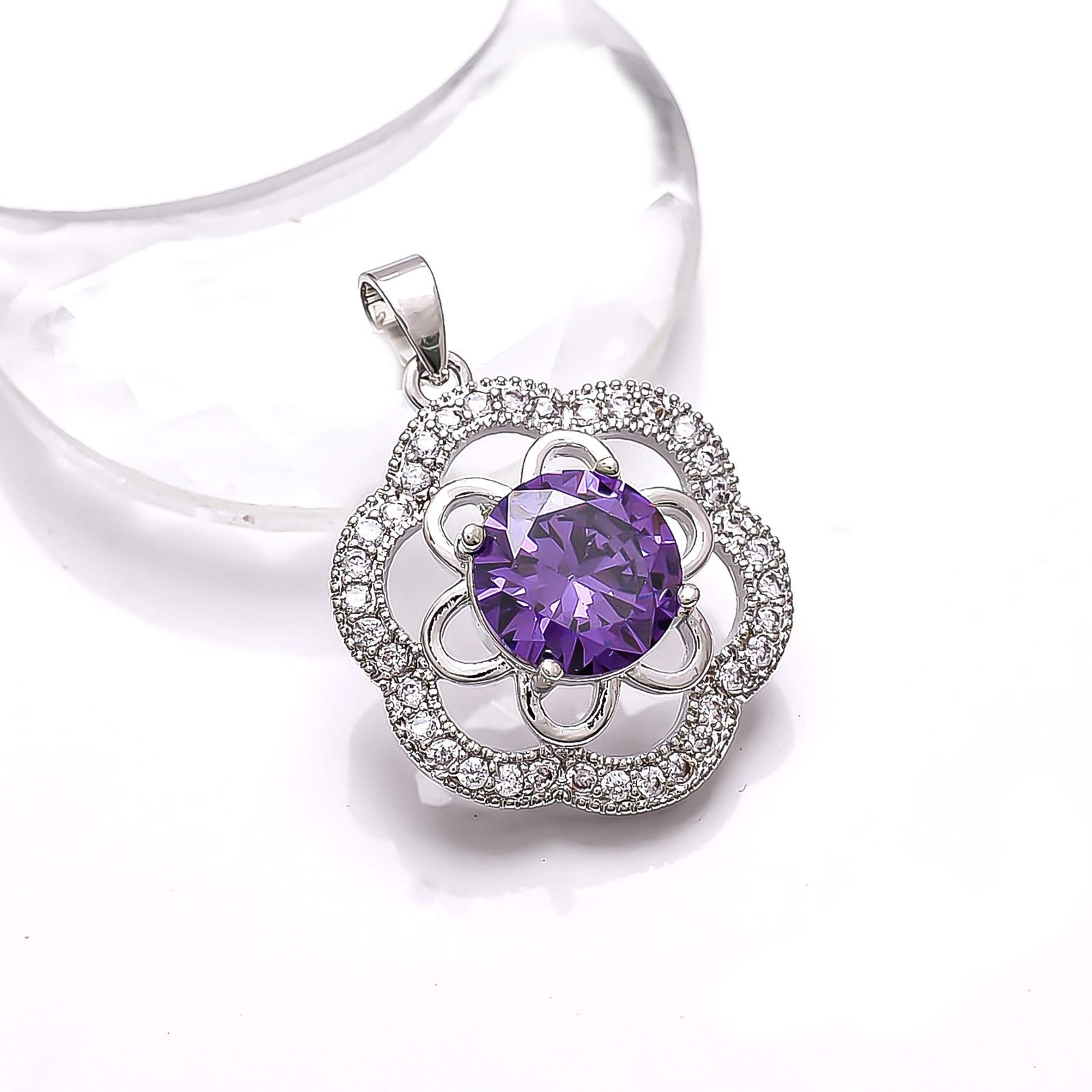 Purple Amethyst & CZ Gemstone 925 Sterling Silver Flower Pendant 1.20″ P78812