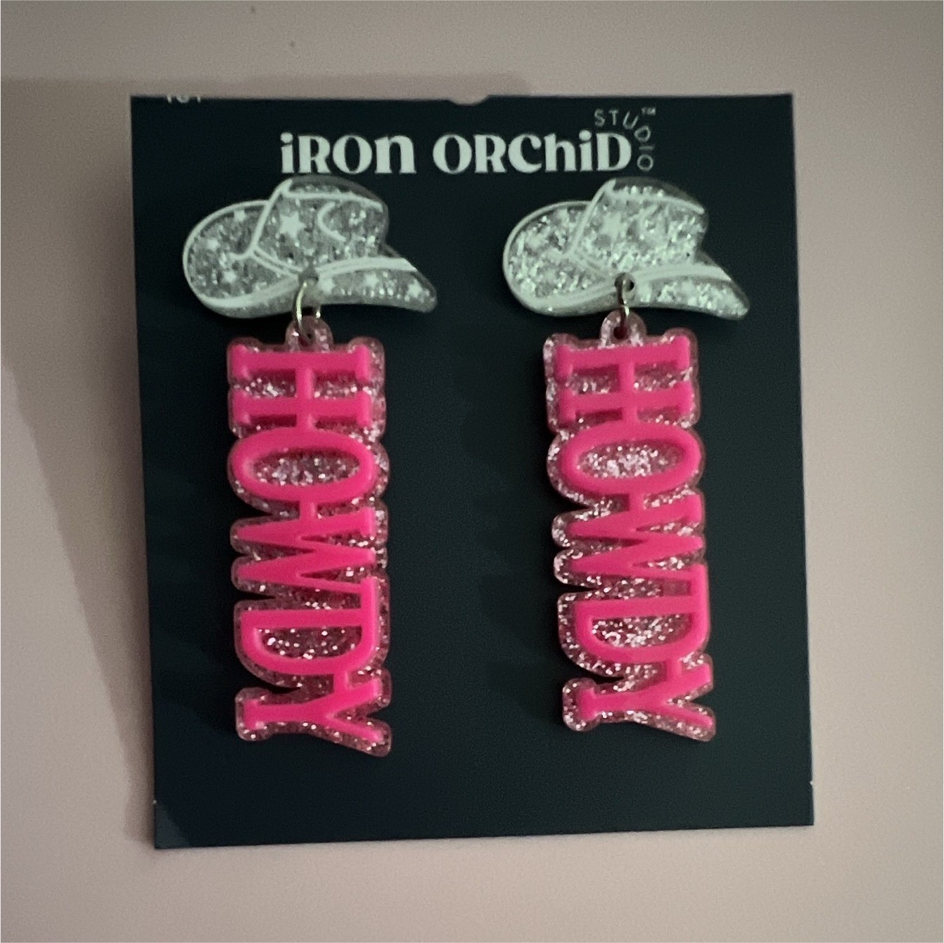 Iron Orchid Studio Pink Silver Acrylic Rectangle Logo Dangle Earrings