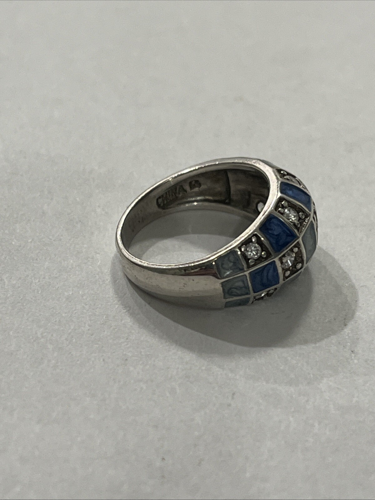 Sterling silver ring enamel glass stones Checkerboard Dome size 6 Ladies