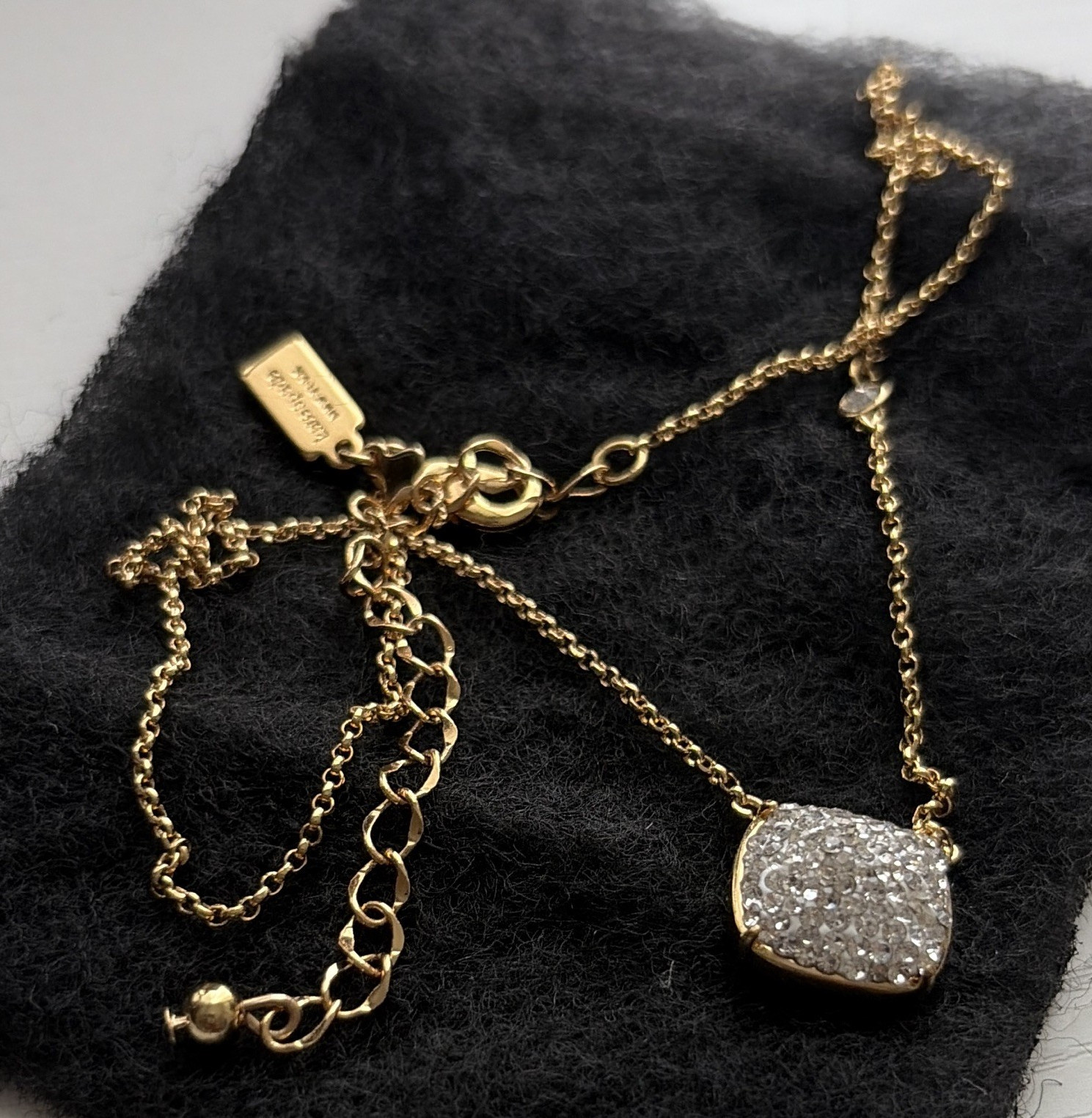 Stella & Dot Gold Tone Cable Chain Necklace Pavé Clear Cushion Crystal Pendant