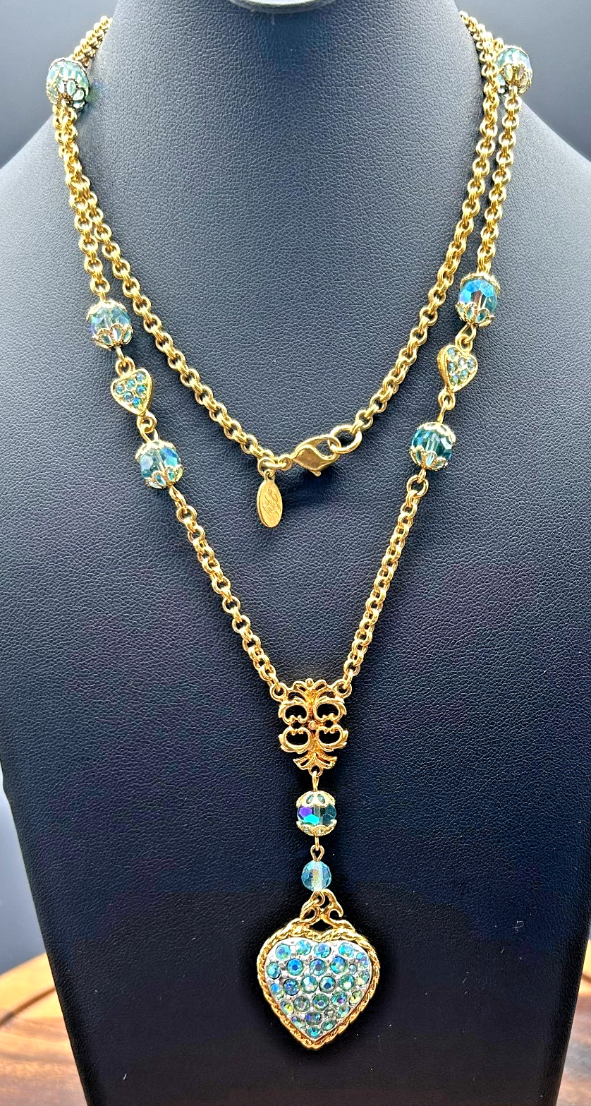 Vintage 1990s Kirks Folly Gold Tone Aurora Borealis Blue Crystal Heart Pendant