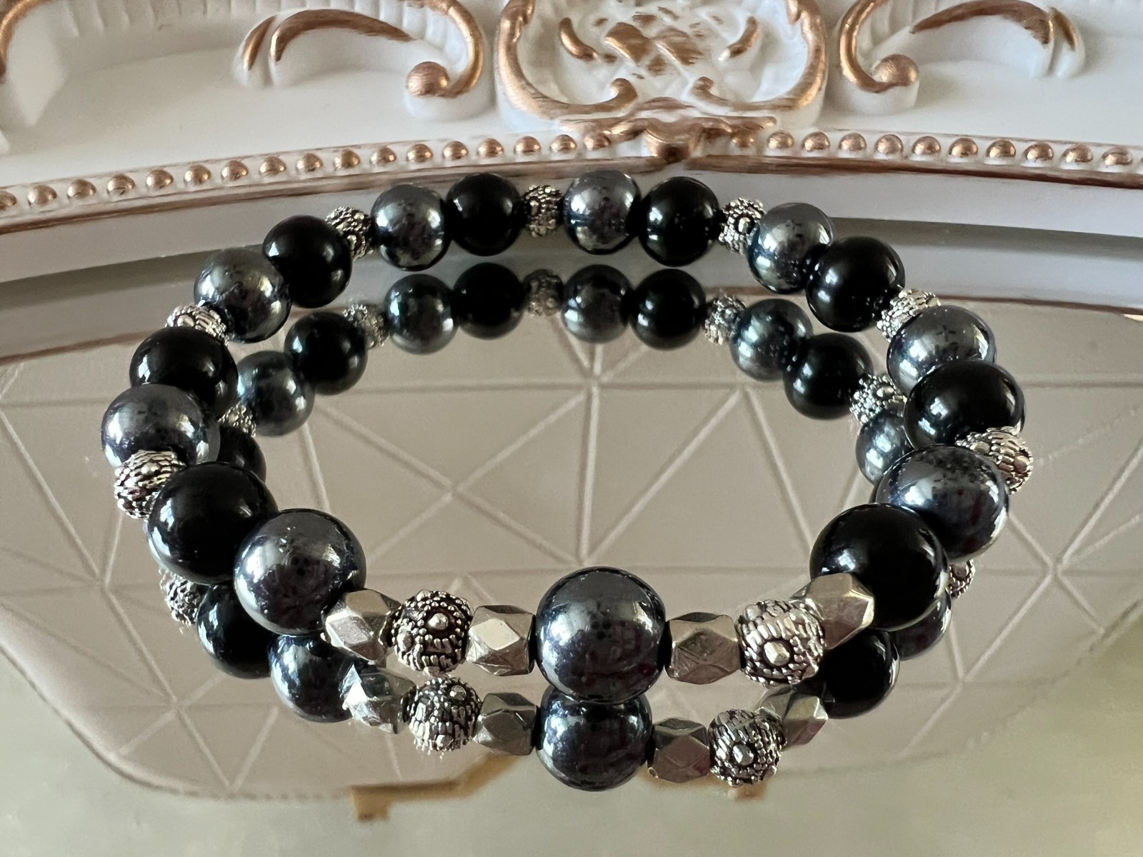 handmade elastic unique stone beads & silver accents bracelet