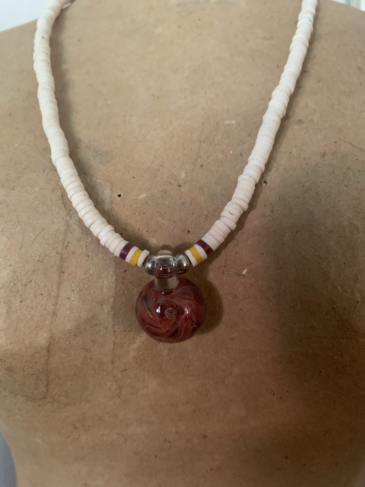 White Beaded Pendant Necklace w/ Red Round Charm Pendant, Lobster Clasp