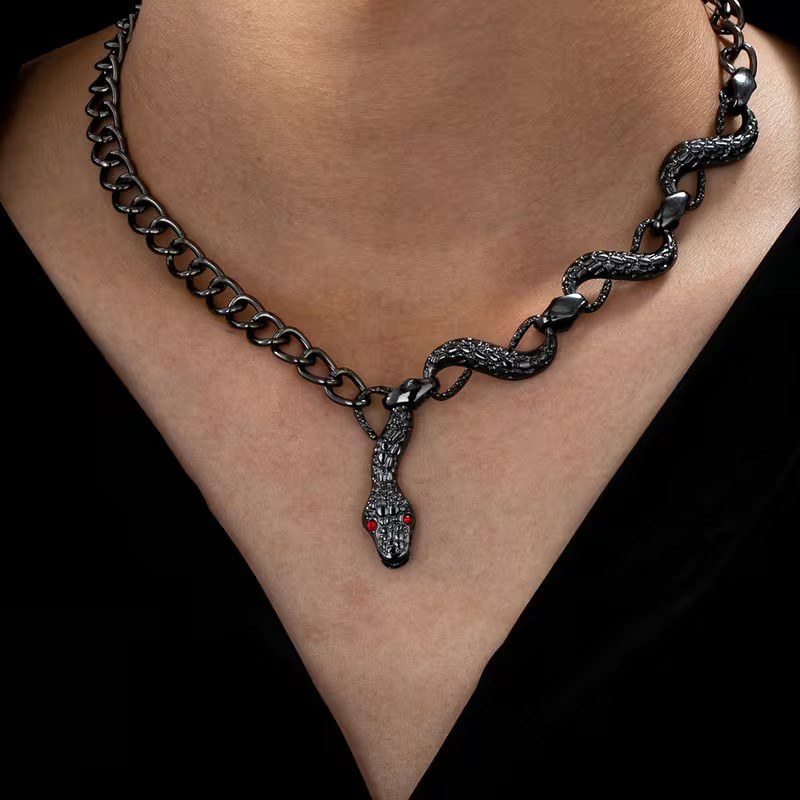 Snake Wrapped Chain Necklace Choker Metallic Black Gothic Serpent Jewelry 17.7in