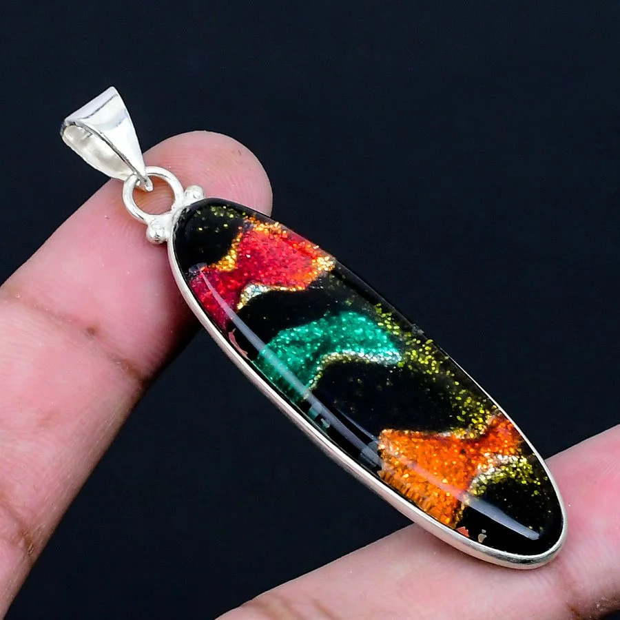 Dichroic Glass 925 Silver Plated Handmade Pendant of 2.37″