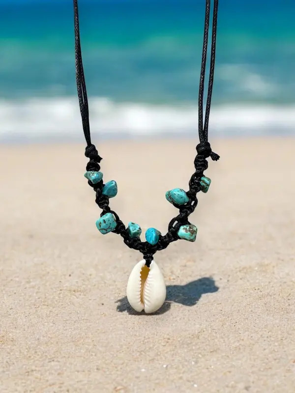 Cowrie Shell Necklace Gemstone Beads Adjustable Black Cord Boho Beach Unisex