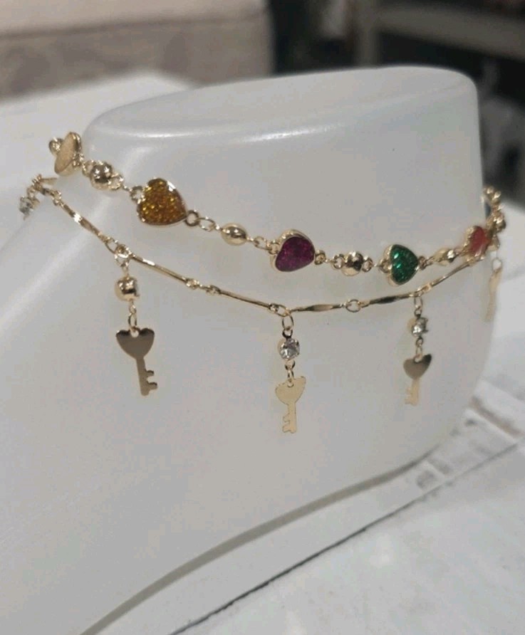 14k Gold Plated Layered Cable Chain Anklet Multicolor Heart Crystal Charms-8″10″