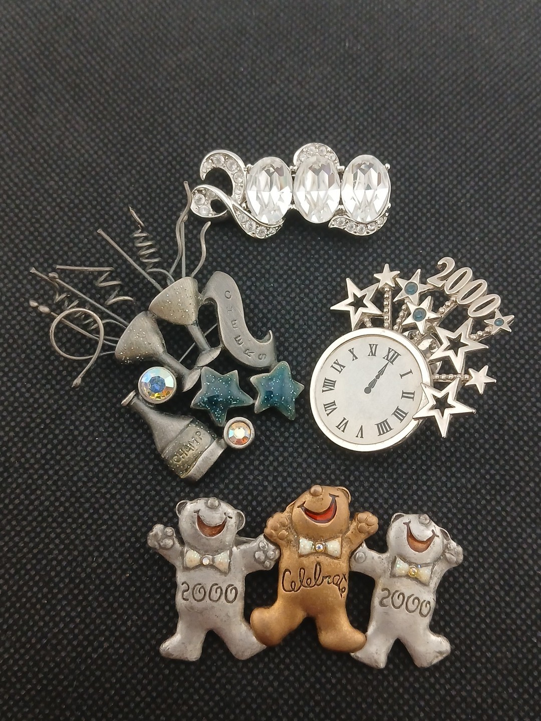 Y2K 2000 NEW YEARS celebrations festive brooches 1 signed Joan Rivers & 1 AMC