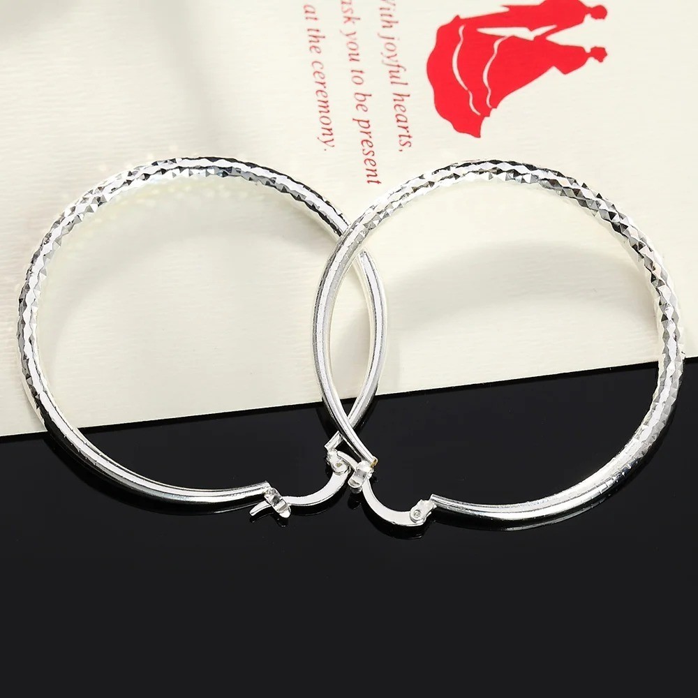 925 Sterling Silver Circle Hoop Earrings 5cm Women Wedding Party Jewelry