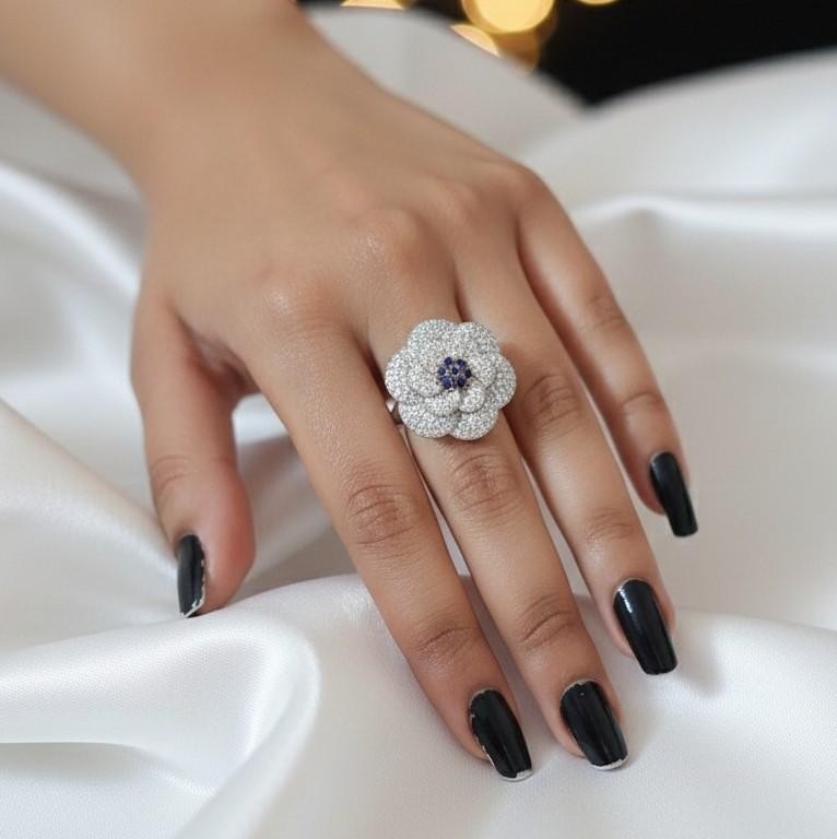 Flower CZ Ring with Blue Stone in Sterling Silver 925, Statement Ring 6.8