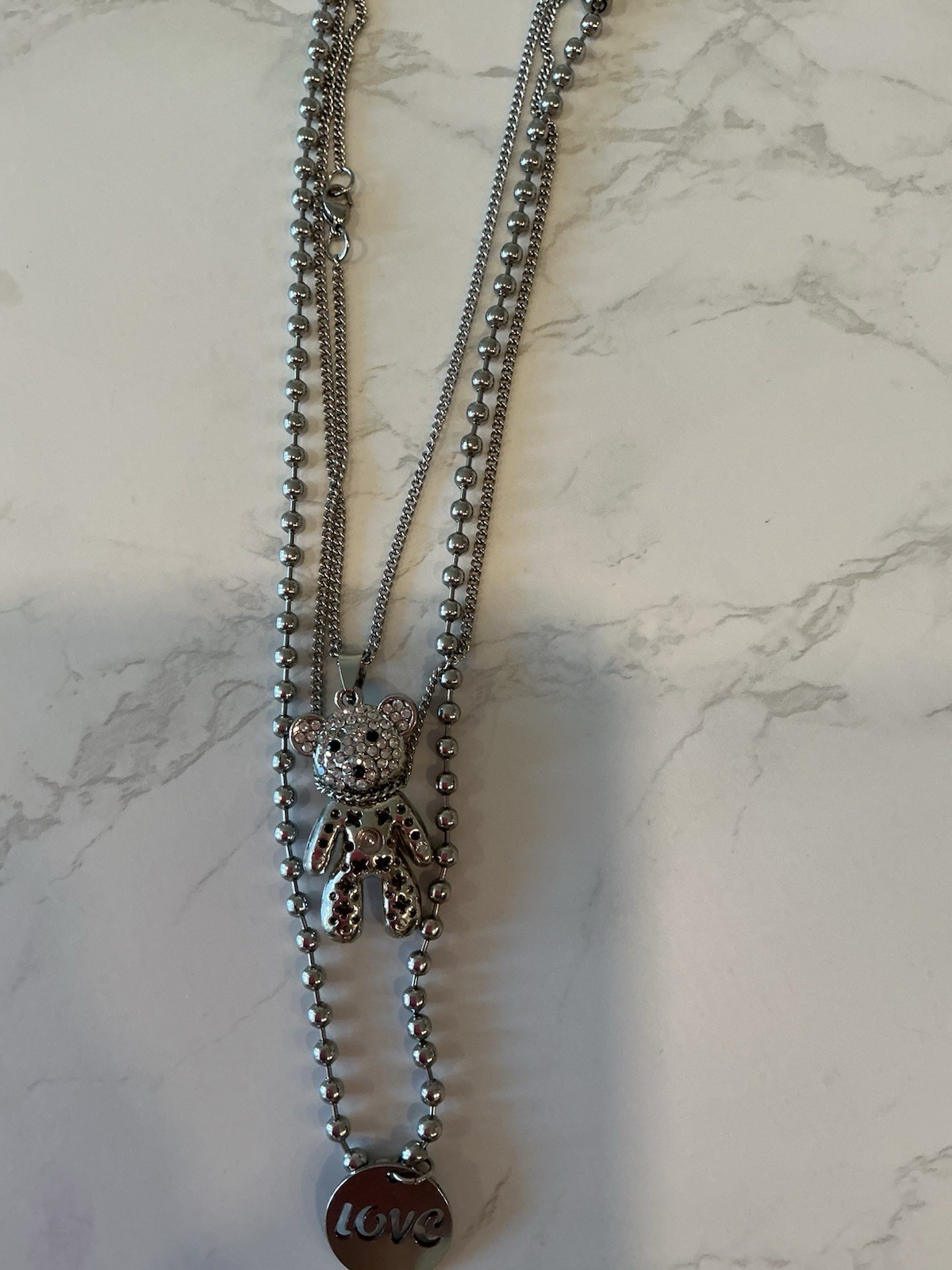 Silver Tone Layered Ball Chain Necklace Crystal Teddy Bear Charm Love Pendant