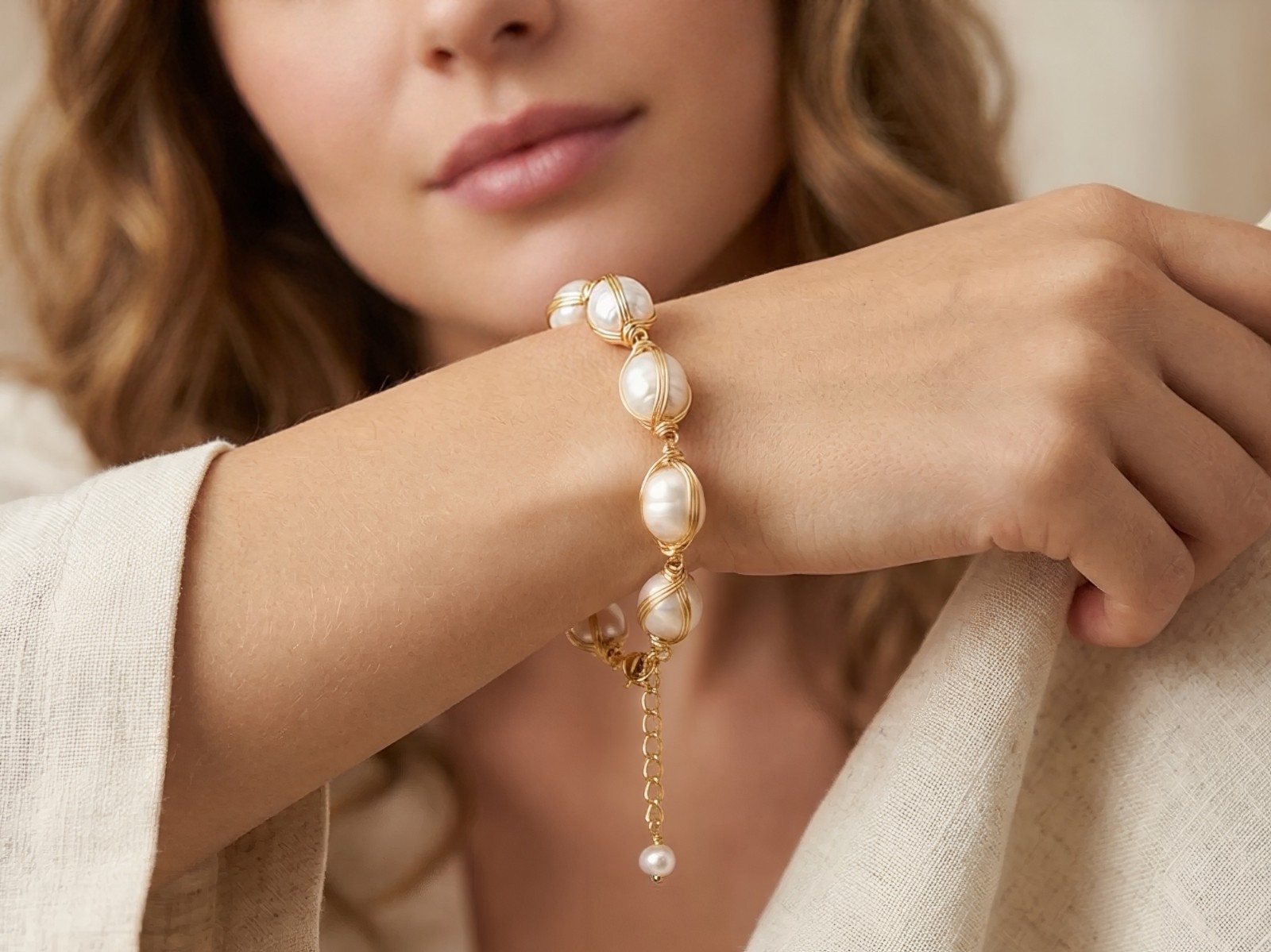 18K Gold Plated Freshwater Pearl Turquoise Bracelet Women’s Adjustable Gift