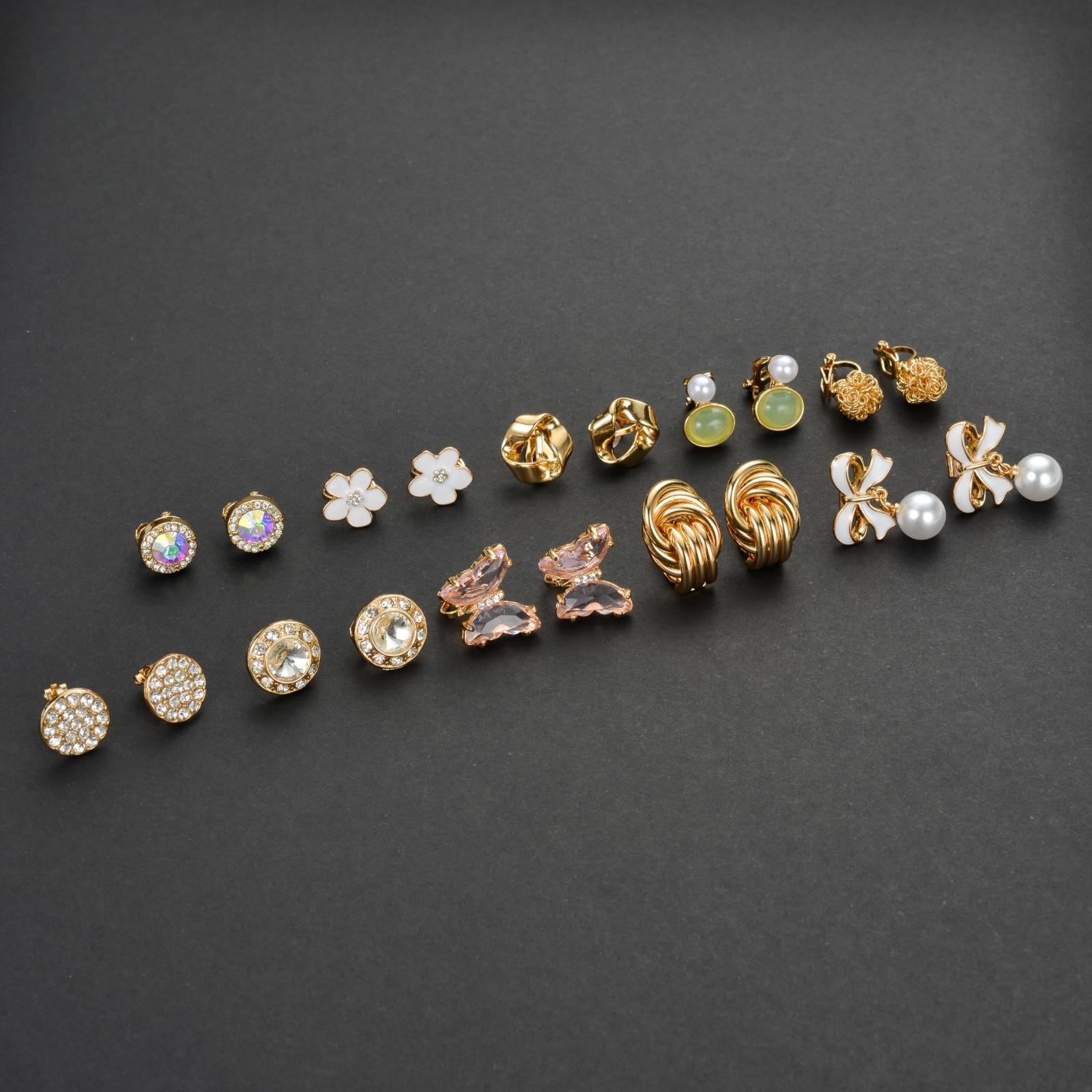 10-15 Pairs Non-Pierced Clip-On Earrings Set – Teardrop, Round, CZ, Pearl, Flowe