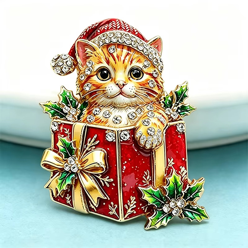 Christmas Cat Brooch Pin Rhinestone Holiday Lapel Pin Cute Animal Jewelry Gift