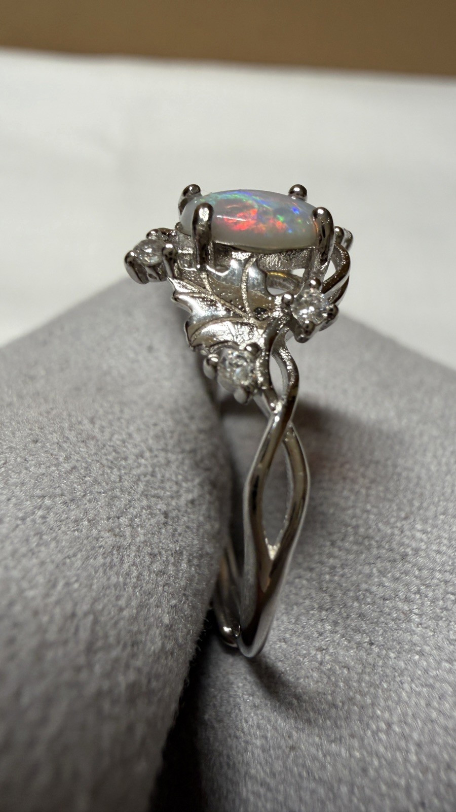 Solid Opal Ring Natural Australian Silver Red Green Fire Fairy Floral Gift #0180