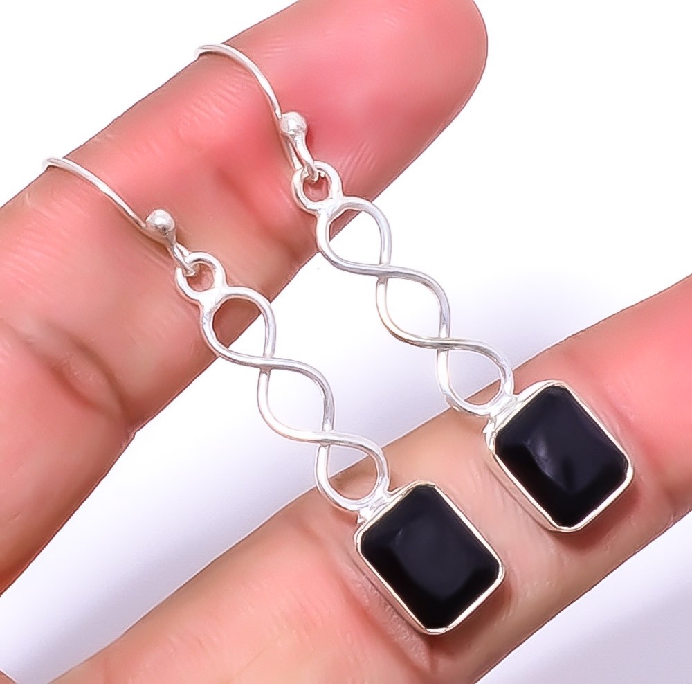 Black Onyx Gemstone 925 Silver Plated Spiral Earring 1.79″ T12