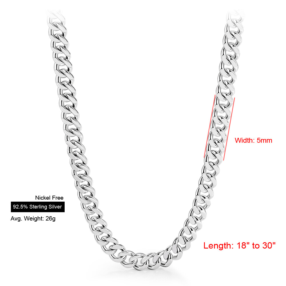 Solid 925 Sterling Silver Men’s Curb Chain Cuban Link Chain Necklace 5mm 18″-30″