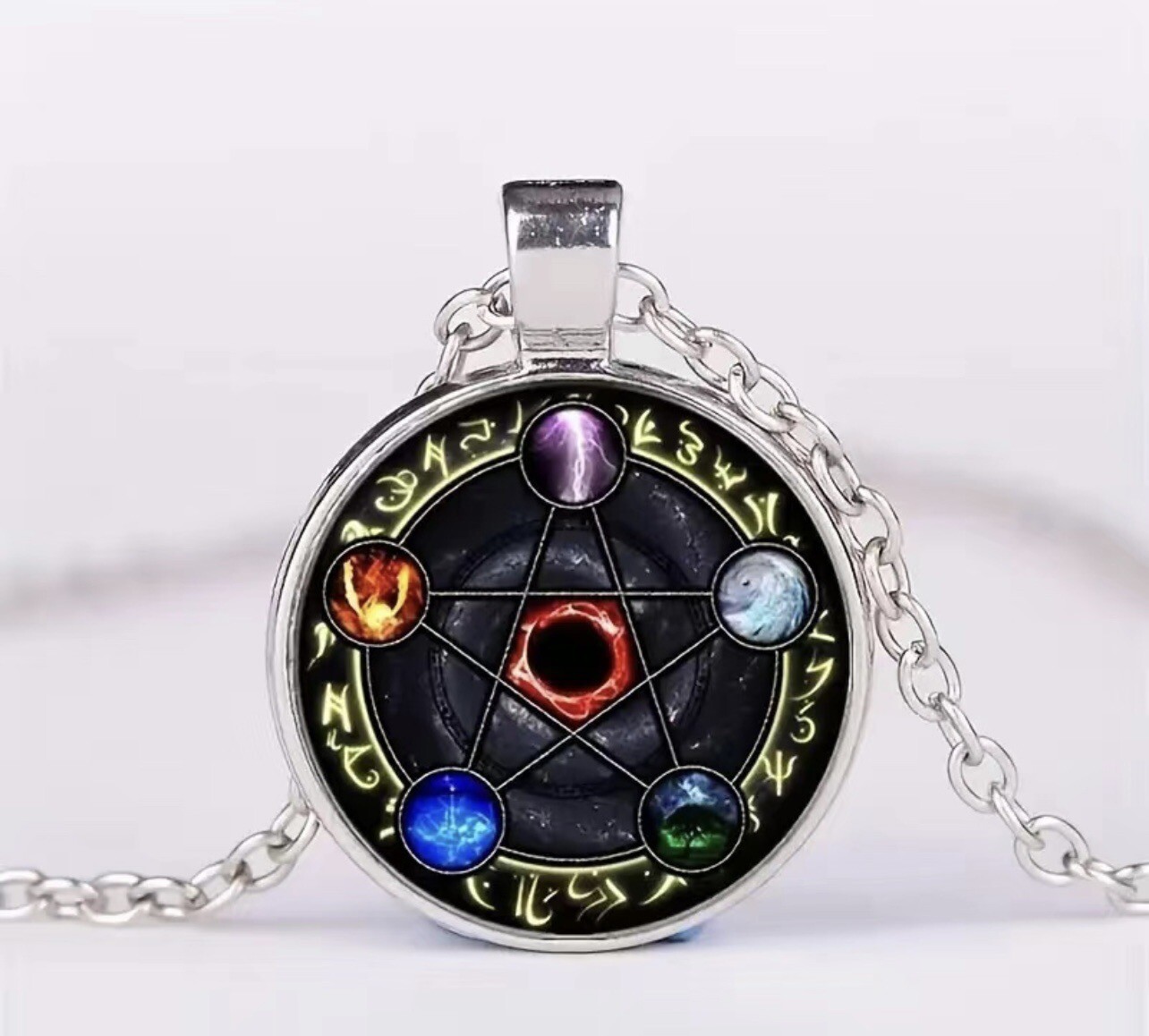 Fashion Pentagram Pattern Pendant Chain-Time Gem Style Round Glass