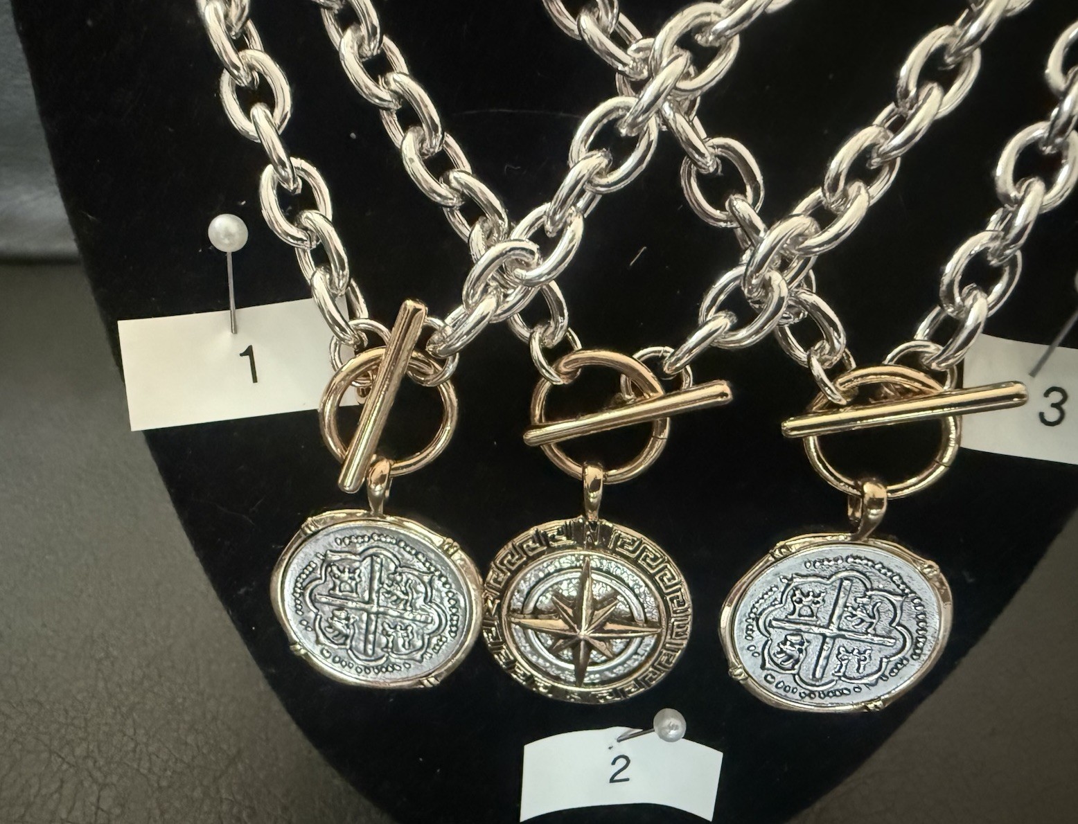 New Costume Jewelry Medallion Necklaces; Gold And Silver Tones W/A Front Closure