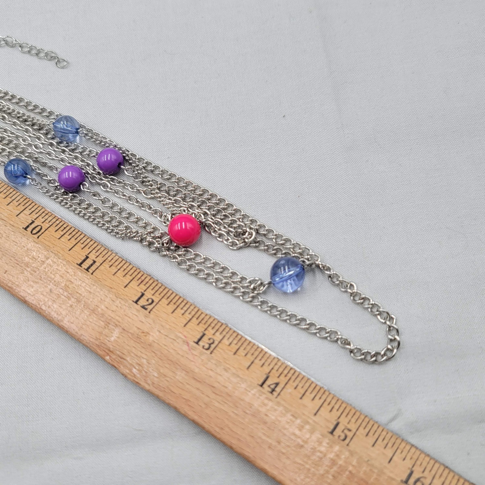 Purple Pink Blue Bead Layered Necklace Silver tone 30 in Long