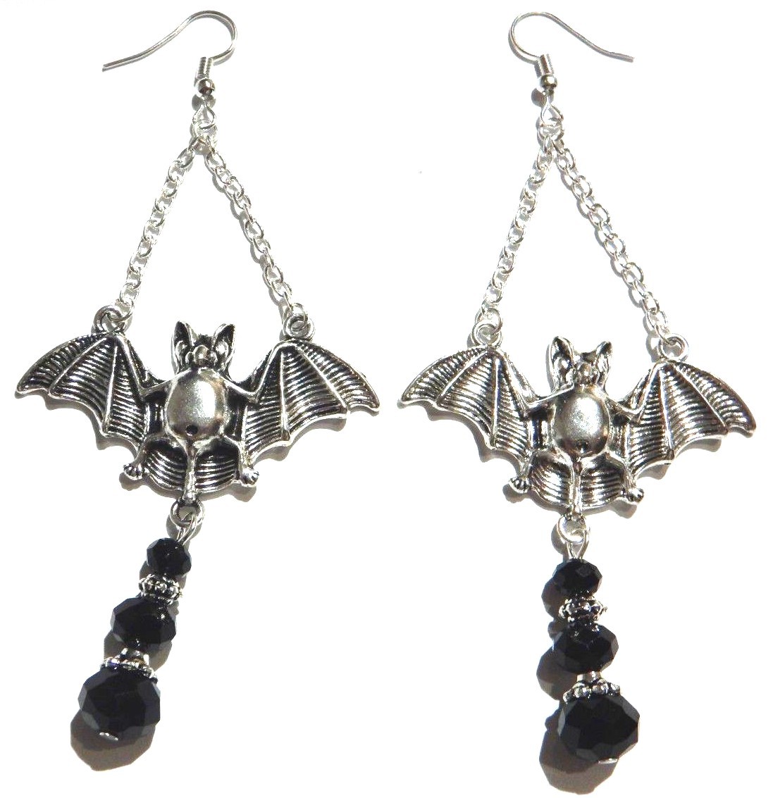 SILVERTONE & BLACK BEADED VAMPIRE BAT EARRINGS pendant halloween gothic R2