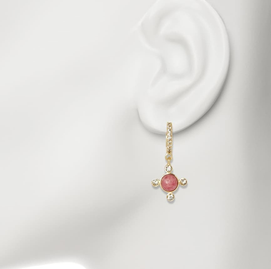 Soul Society Drop Earrings Gold Pink Aventurine Four Pointed Huggie NEW