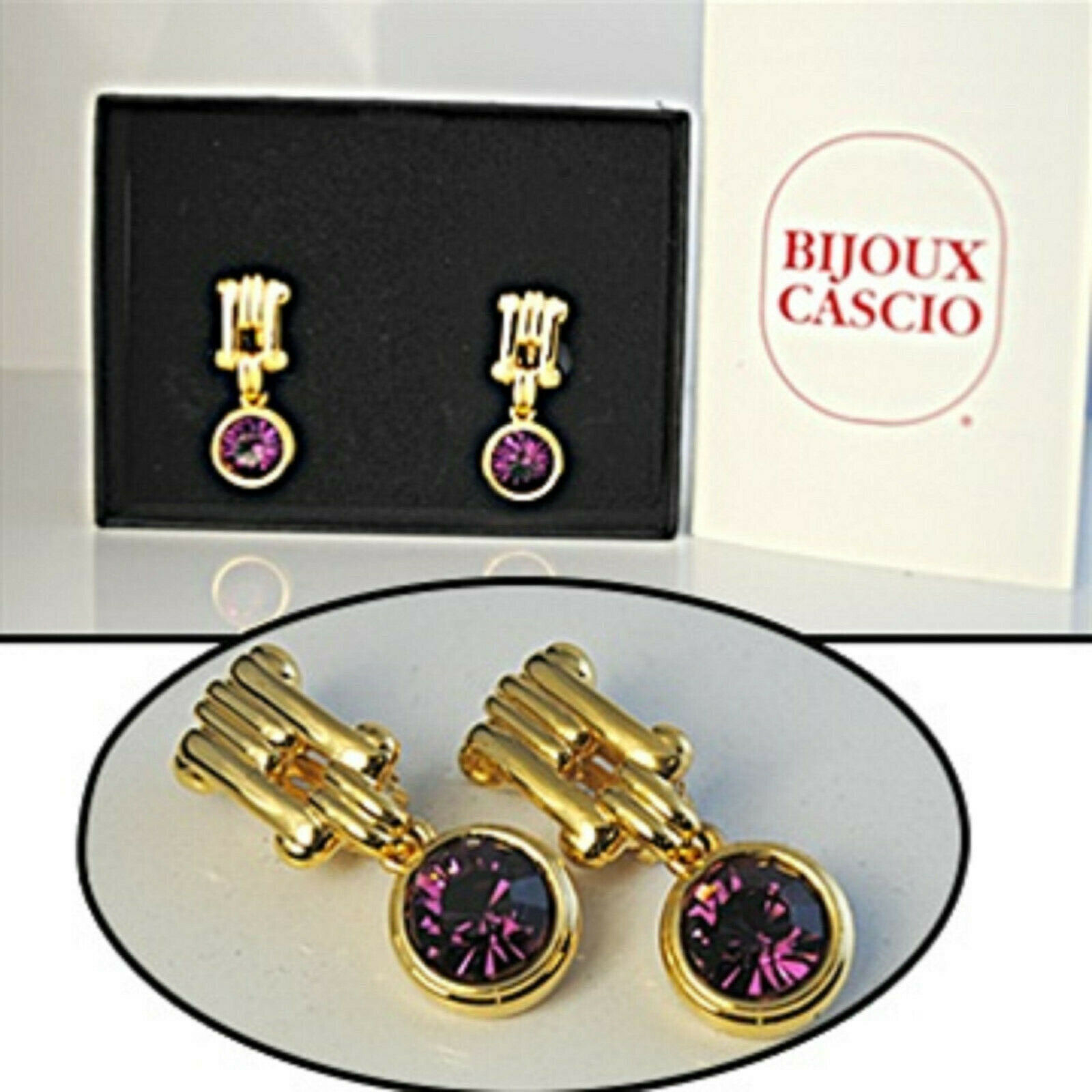 Clip Earring Bijoux Cascio CZ dangle 18kt yellow gold purple designer boxed New