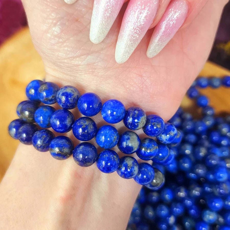 Handmade Natural Lapis Lazuli Elastic Stretch Bracelet – 8mm Round Gemstone Bead