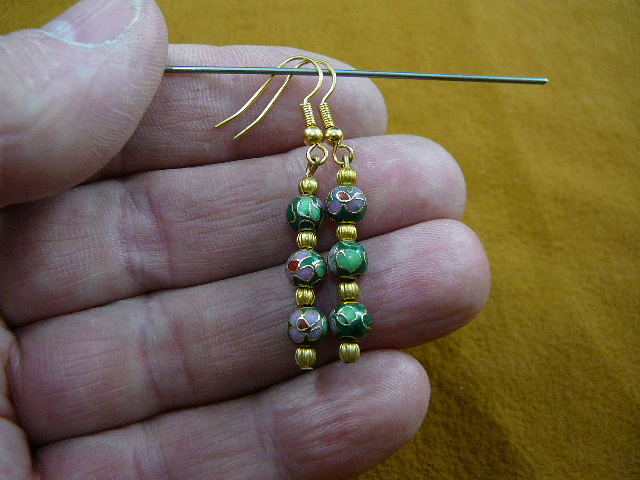 (ee610-82) Green pink flower CLOISONNE three 6 mm bead dangle EARRINGS Jewelry