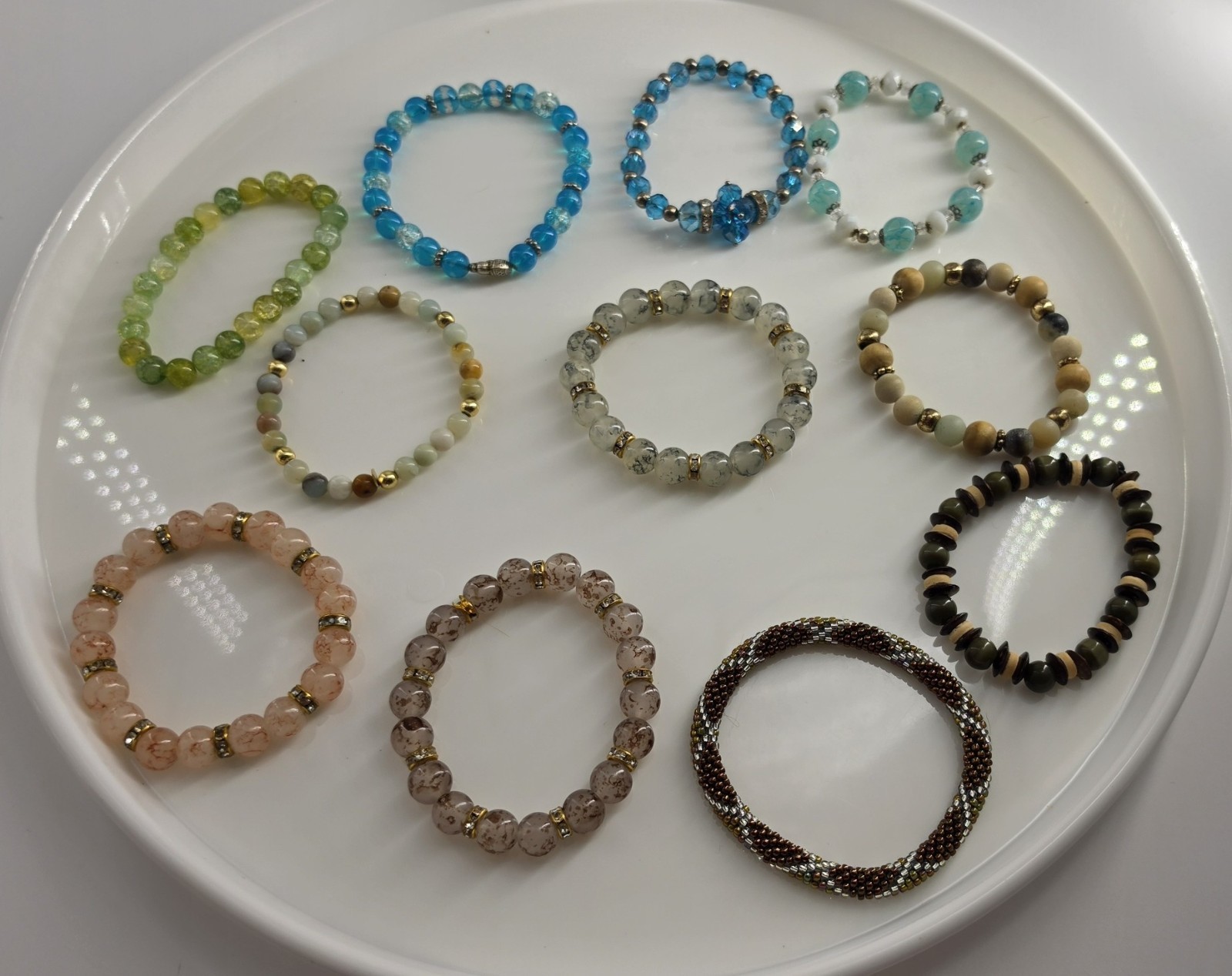 Lot 11 Stretch Bracelets Glass Stone Wood Seed Bead Mixed Colors Most Size 7