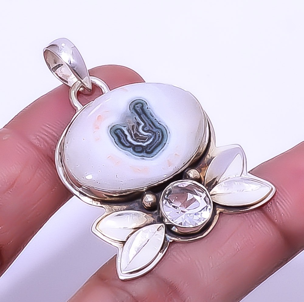 Moss Quartz & White Topaz Gemstone 925 Sterling Silver Pendant 1.72″ A374