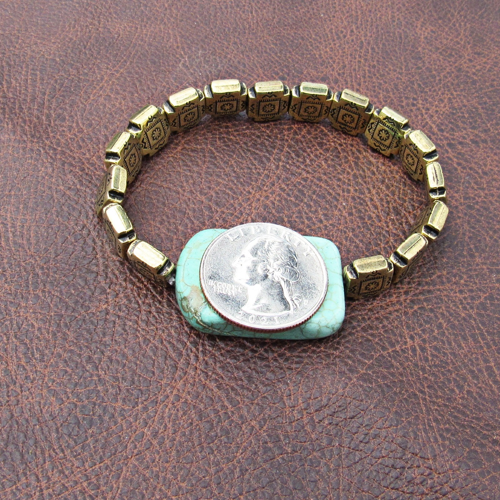 Turquoise Magnesite Stretch Bracelet, Burnished Brass Metalized Acrylic Beads