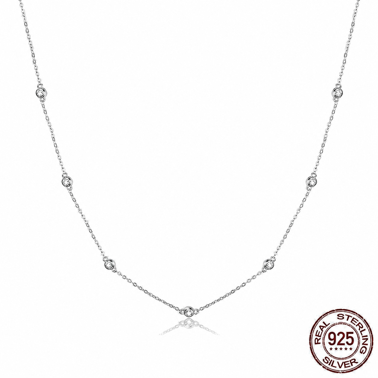 925 Sterling Silver CZ Bezel Station Chain Necklace Dainty for Women