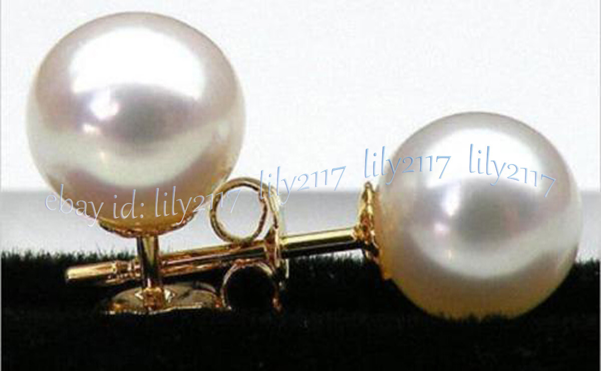 PERFECT AAA++ NATURAL REAL WHITE ROUND PEARL STUD EARRINGS 14K GOLD