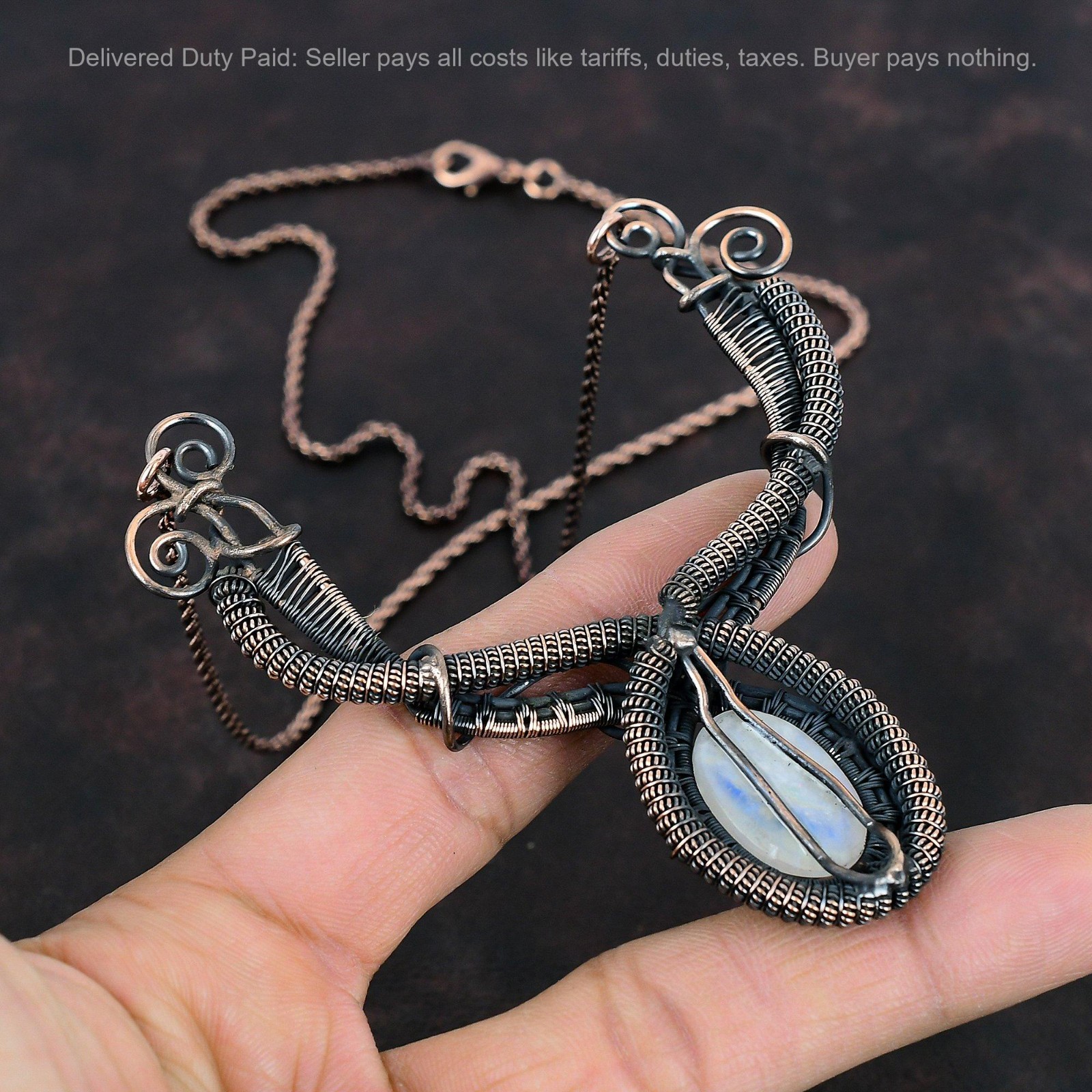 Copper Natural Rainbow Moonstone Handcrafted Wire Wrapped Chain Necklace Jewelry