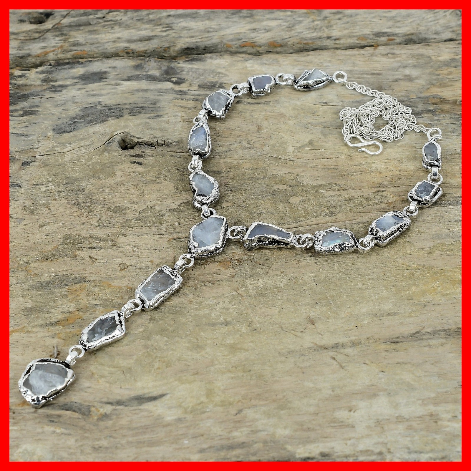 Copper Rainbow Moonstone Rough Stone Chain Handcrafted Bezel Necklace Jewelry