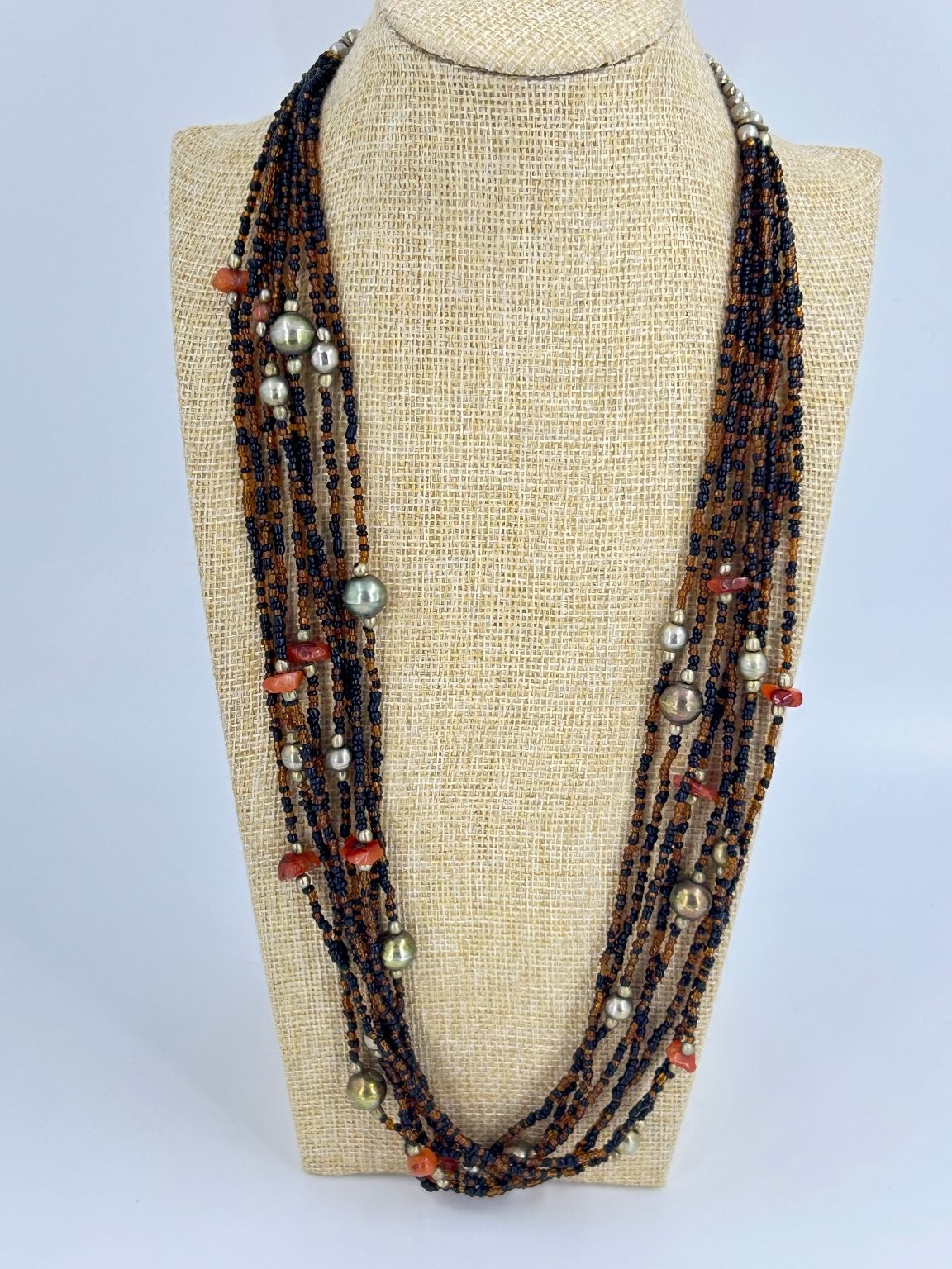 Vintage Multi-Strand Beaded Necklace 25in Brown Black Silver Beads