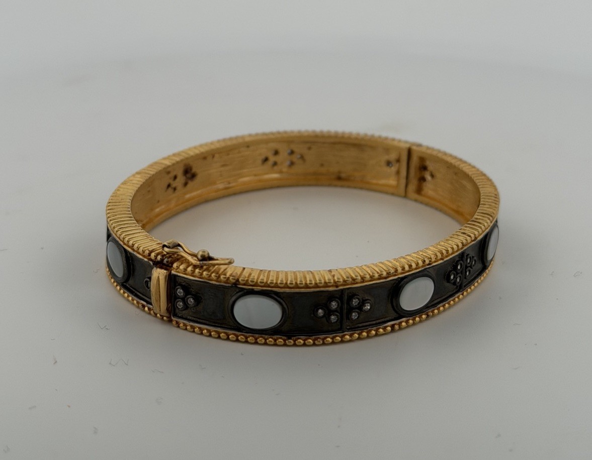 Authentic Freida Rothman Clover Bangle Bracelet .925 14K Yellow Gold Pearl Rare