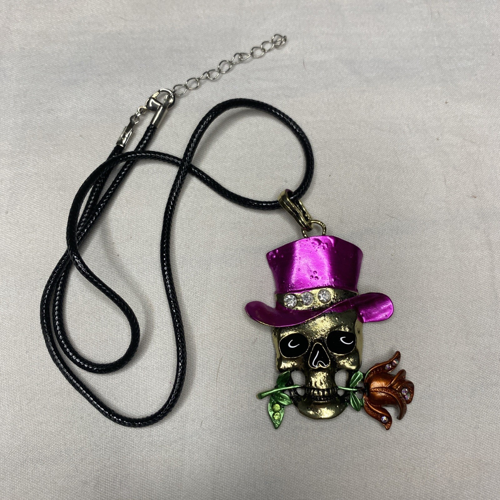 Skull Necklace Pink Top Hat Rose Pendant Gothic Halloween Costume Jewelry New